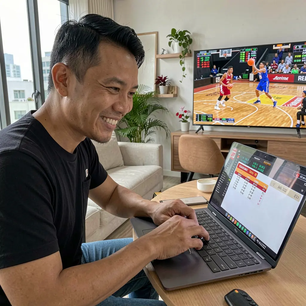 Confident Filipino sports bettor using the WULIWIN betting platform on a laptop while watching a live basketball game in a modern apartment