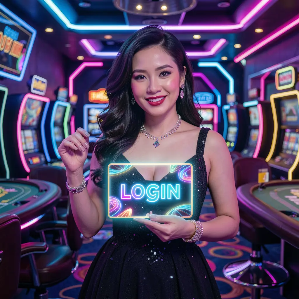Elegant Filipino woman holding a glowing login card in a neon casino environment symbolizing secure access at WULIWIN Philippines
